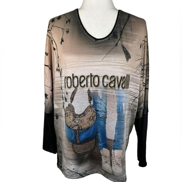 Roberto Cavalli Brown Rhinestone Embellished V Neck Dolman Sleeve Knit Top - Picture 1 of 8